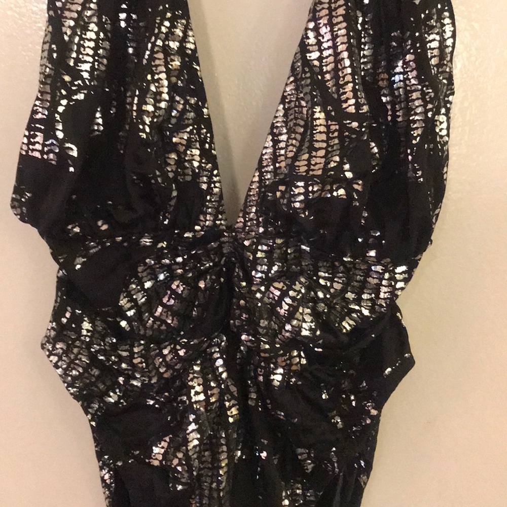 Metallic silver/black bodysuit swimsuit dressy top